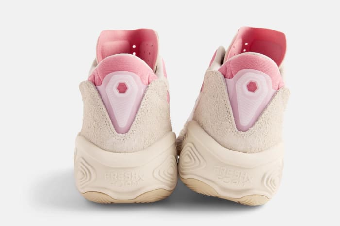 Rear view of Zach LaVine's tan and pink New Balance shoes.